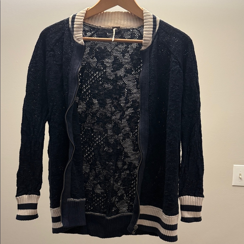 Free People Navy Lace Varsity Jacket